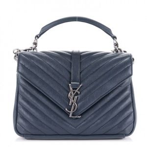 YSL Navy Blue Chevron Leather College Bag